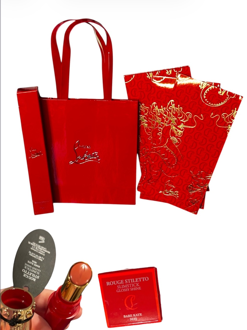 Christian Louboutin Bundle - Full size “bare Kate” lipstick, bag, & 3 envelopes